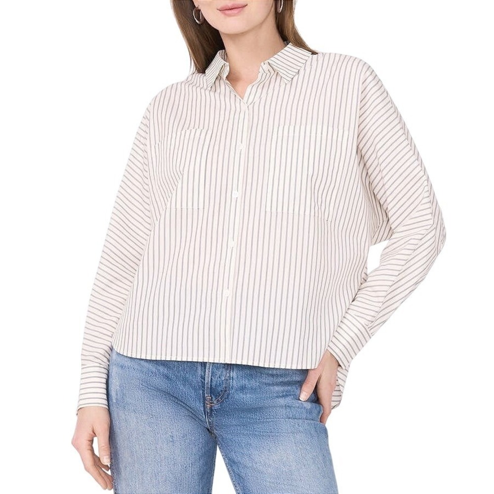 PARKER Striped Button Up Shirt Women Size M Cream Black Long Sleeve Casual Top